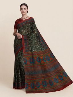 SALWAR STUDIO - Green Warli Printed Pure Cotton Saree With Unstitched Blouse