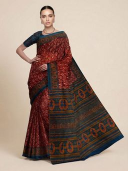 SALWAR STUDIO - Rust Warli Printed Pure Cotton Saree With Unstitched Blouse