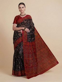 SALWAR STUDIO - Black Warli Printed Pure Cotton Saree With Unstitched Blouse