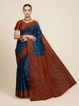 SALWAR STUDIO - Blue Warli Printed Pure Cotton Saree With Unstitched Blouse