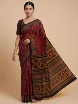 SALWAR STUDIO - Maroon Warli Printed Pure Cotton Saree With Unstitched Blouse
