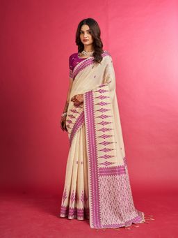 Sarha - Beige Cotton Blend Woven Saree with Unstitched Blouse