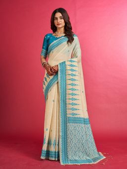 Sarha - Beige Cotton Blend Woven Saree with Unstitched Blouse