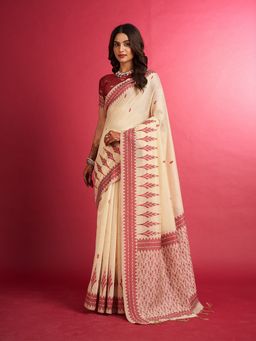 Sarha - Beige Cotton Blend Woven Saree with Unstitched Blouse