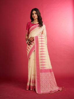 Sarha - Beige Cotton Blend Woven Saree with Unstitched Blouse