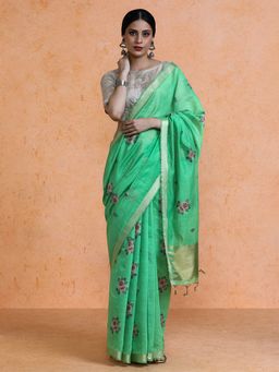 Sarha - Green Cotton Printed Saree with Unstitched Blouse