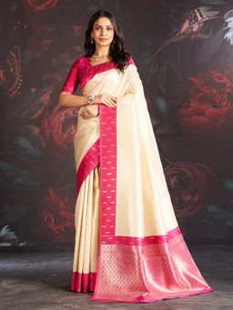 Sarha - Off White Silk Geometric Saree with Unstitched Blouse