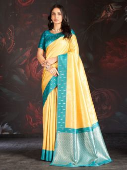 Sarha - Yellow Silk Geometric Saree with Unstitched Blouse