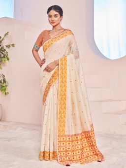 Sarha - Off White Cotton Woven Saree with Unstitched Blouse