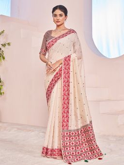 Sarha - Off White Cotton Woven Saree with Unstitched Blouse