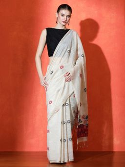 Sarha - Off White Cotton Floral Saree with Unstitched Blouse