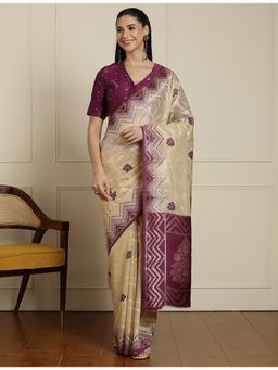 Sarha - Beige Silk Floral Saree with Unstitched Blouse
