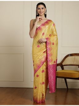 Sarha - Yellow Silk Floral Saree with Unstitched Blouse