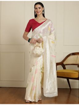 Sarha - Cream Cotton Blend Woven Saree with Unstitched Blouse