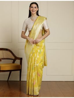 Sarha - Yellow Cotton Blend Woven Saree with Unstitched Blouse