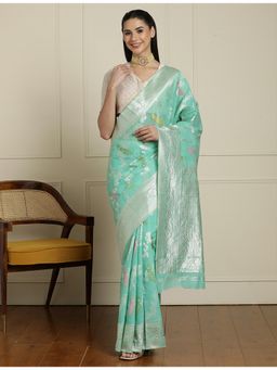 Sarha - Green Cotton Blend Woven Saree with Unstitched Blouse