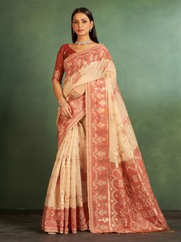 Sarha - Beige Cotton Printed Saree with Unstitched Blouse