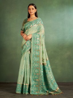 Sarha - Green Cotton Printed Saree with Unstitched Blouse