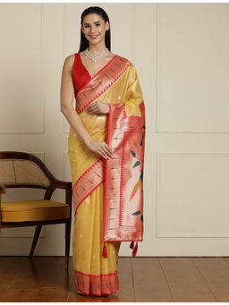 Sarha - Yellow Silk Blend Woven Saree with Unstitched Blouse