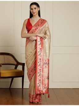 Sarha - Beige Tissue Woven Saree with Unstitched Blouse