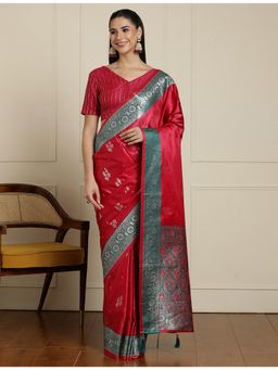Sarha - Red Silk Woven Saree with Unstitched Blouse