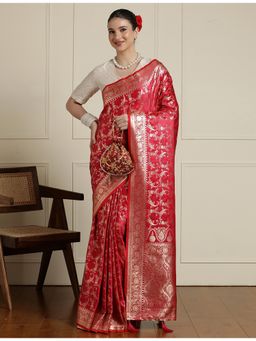 Sarha - Red Silk Woven Saree with Unstitched Blouse