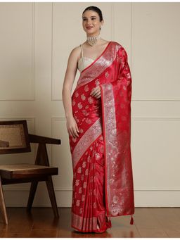 Sarha - Red Silk Woven Saree with Unstitched Blouse
