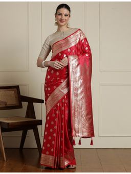 Sarha - Red Silk Woven Saree with Unstitched Blouse