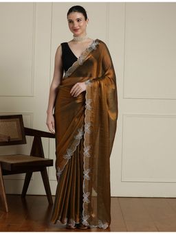 Sarha - Brown Chiffon Embellished/Sequined Saree with Unstitched Blouse