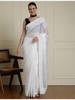 Sarha - White Poly Georgette Solid/Plain Saree with Unstitched Blouse