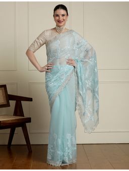 Sarha - Blue Chiffon Embroidered Saree with Unstitched Blouse