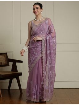 Sarha - Purple Chiffon Embroidered Saree with Unstitched Blouse