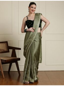 Sarha - Green Chiffon Floral Saree with Unstitched Blouse