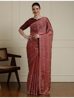 Sarha - Red Chiffon Floral Saree with Unstitched Blouse
