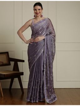 Sarha - Purple Chiffon Floral Saree with Unstitched Blouse