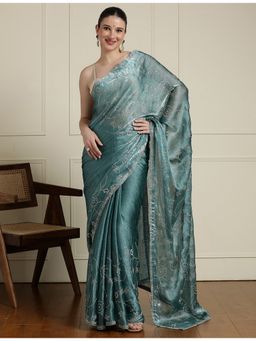 Sarha - Blue Chiffon Floral Saree with Unstitched Blouse