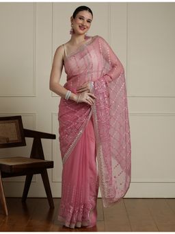 Sarha - Pink Chiffon Embroidered Saree with Unstitched Blouse