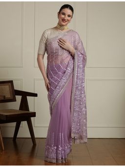 Sarha - Purple Chiffon Embroidered Saree with Unstitched Blouse