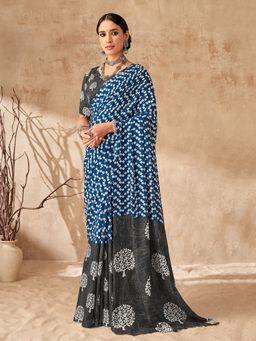 Sarha - Blue Poly Georgette Geometric Saree with Unstitched Blouse