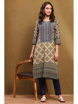 Biba - Womens Green Printed Straight Kurta