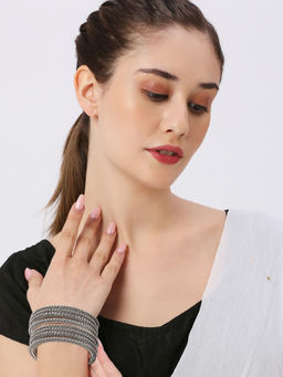 OOMPH - Combo Of 8 Oxidised Silver Bangle Set For Women (2.6)