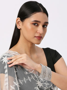 OOMPH - Combo Of 16 Silver Tone Bangle Set White Crystal Beads (2.6)