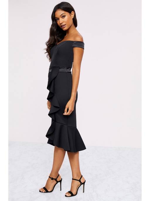 Buy Lipsy Satin Bardot Black Bodycon Dress (6) Online