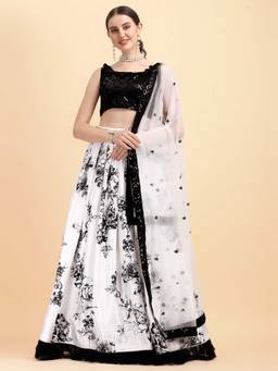 Amrutam Fab - Women Black & White Satin Printed and Sequined Work Lehenga Choli (Set of 3)