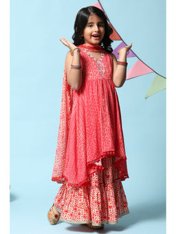 Biba - Girls Red Printed Rayon Flared Sharara (Set of 3)