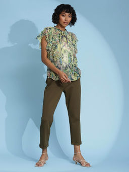 Label Ritu Kumar - Green Ruffled Printed Top with Camisole (Set of 2)