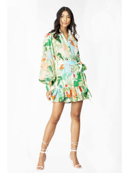 MANDIRA WIRK - Cotton Lurex Printed Shirt Dress & Belt Green (Set of 2)