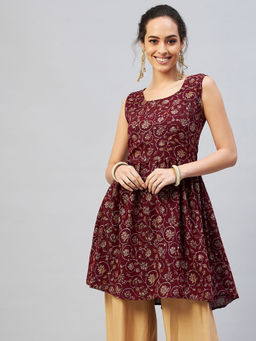 InWeave - Women Burgundy Floral Kurta