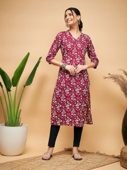 InWeave - Women Maroon Floral Kurta