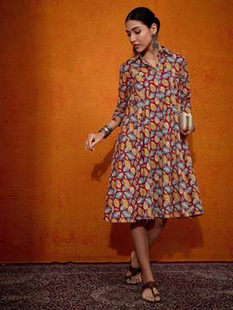 InWeave - Women Maroon Printed Midi Dress